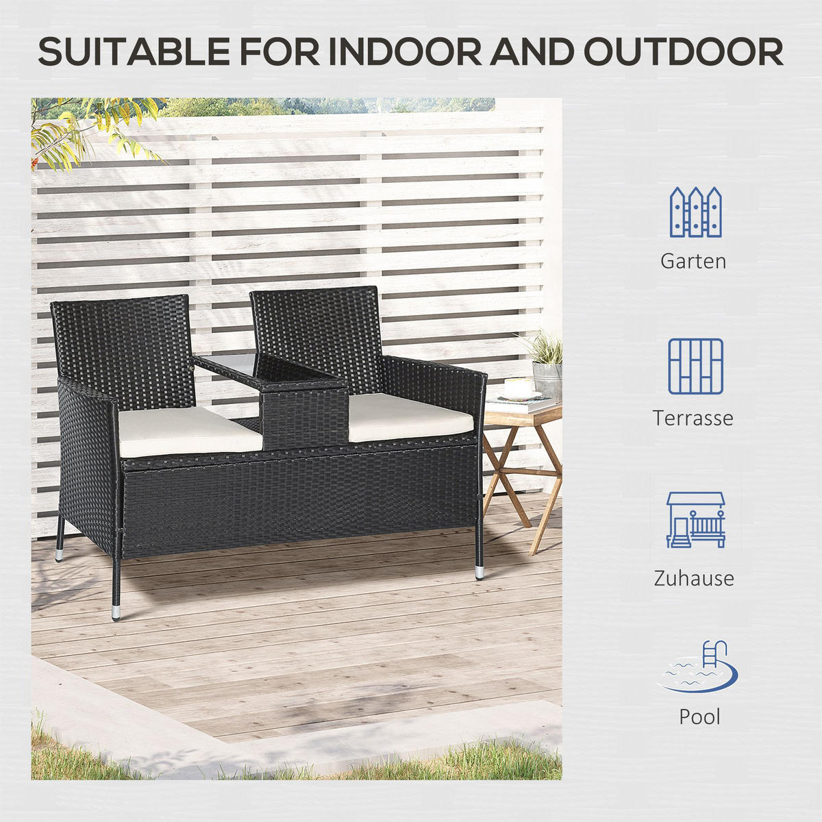 POLYRATTAN Gartenbank mit Tisch 2-Sitzer Stahl Schwarz B133 x T63 x H84cm - Schwarz, Kunststoff (63/84/133cm) - Outsunny