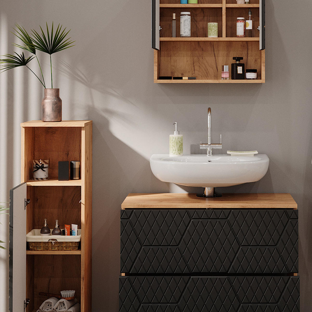 BADMÖBEL-SET Irma Anthrazit gestreift 3 Teile, mit Midischrank - Honigeiche/Anthrazit, Holzwerkstoff (80/58.6/41cm) - Vicco