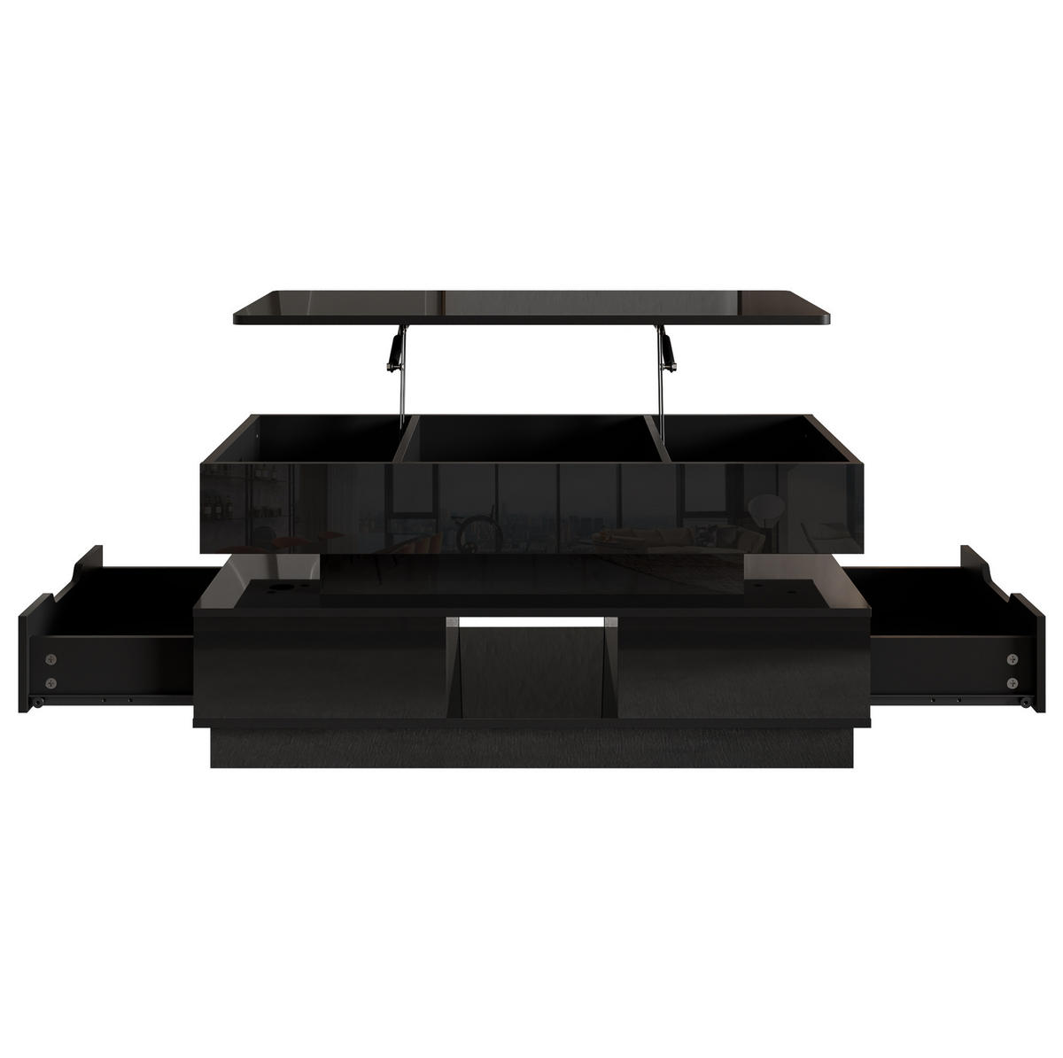 COUCHTISCH aus MDF 90x48x42,5 cm Schwarz hochglänzend mit Höhenverstellung, LED-Beleuchtung und Steckdose - Schwarz, Holzwerkstoff (90/48/42.5cm) - IVMEU