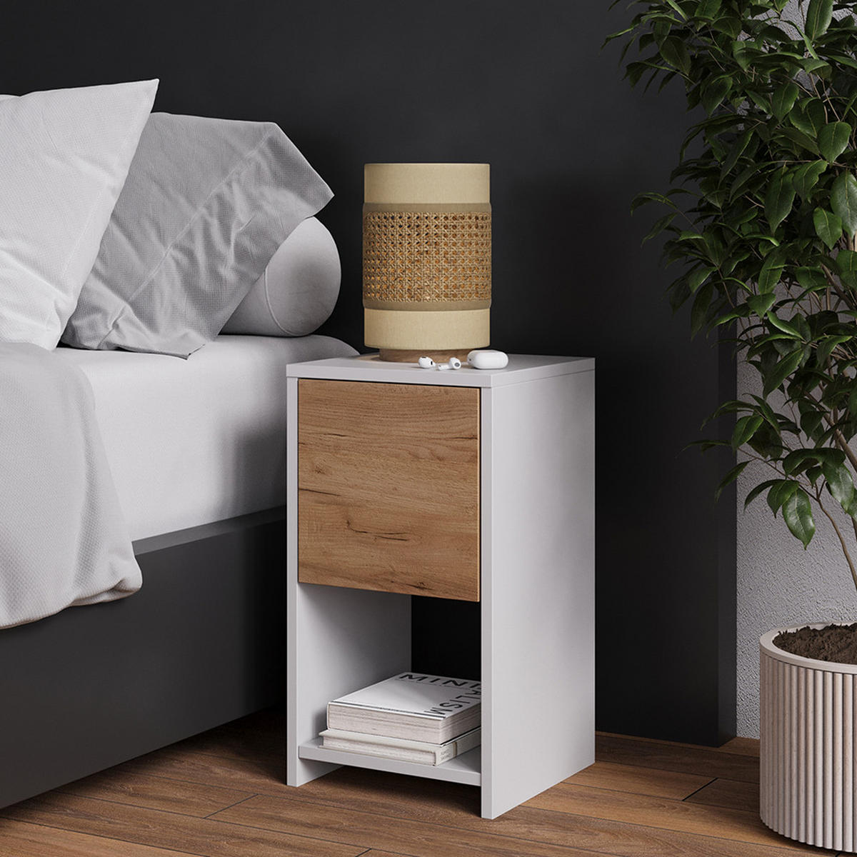 NACHTTISCH Evo Weiß/Goldkraft Eiche 30 x 55 cm mit Schublade - Honigeiche/Weiß, Holzwerkstoff (30/55/30cm) - Vicco