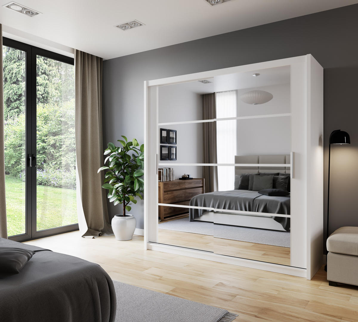 SCHWEBETÜRENSCHRANK KAYN 203/215/61 cm 2-türig mit Spiegel Weiß - Weiß, Holzwerkstoff (203/215/61cm) - MASSENO