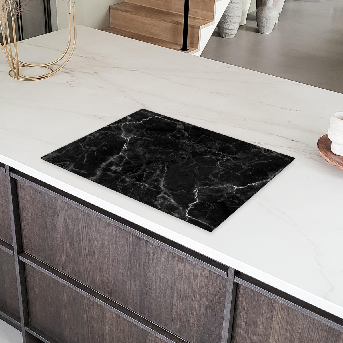 HERDABDECKPLATTE Marmor - Schwarz - Weiß - Textur - Marmoroptik Herdabdeckung Induktionsfeld 75x52 cm - Silberfarben, Kunststoff (75/52/0.2cm) - MuchoWow