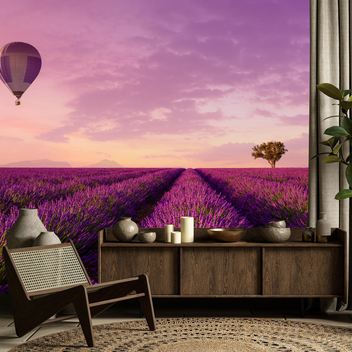 FOTOTAPETE für Wohnzimmer Lavendelfeld Heißluftballon Provence 250x175 - Violett/Lila, Papier (250/175cm) - Muralo