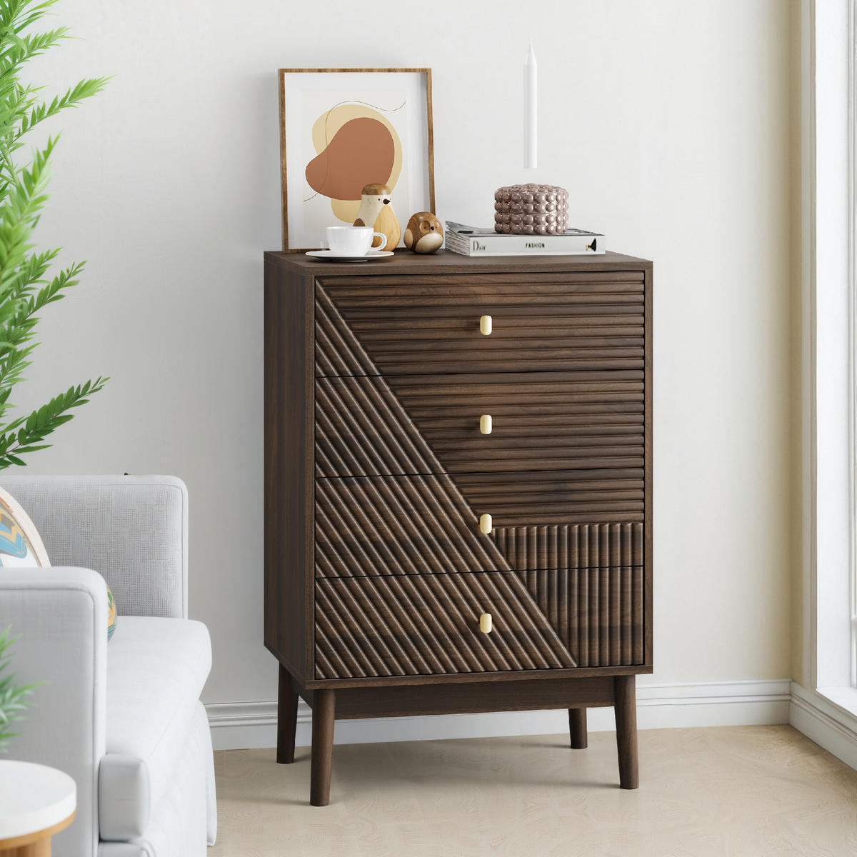 KOMMODE aus MDF und Spanplatte 60x40x90 cm Walnuss mit 4 Schubladen im Mid-Century-Stil - Walnussfarben, Holzwerkstoff (60/90/40cm) - Modfu
