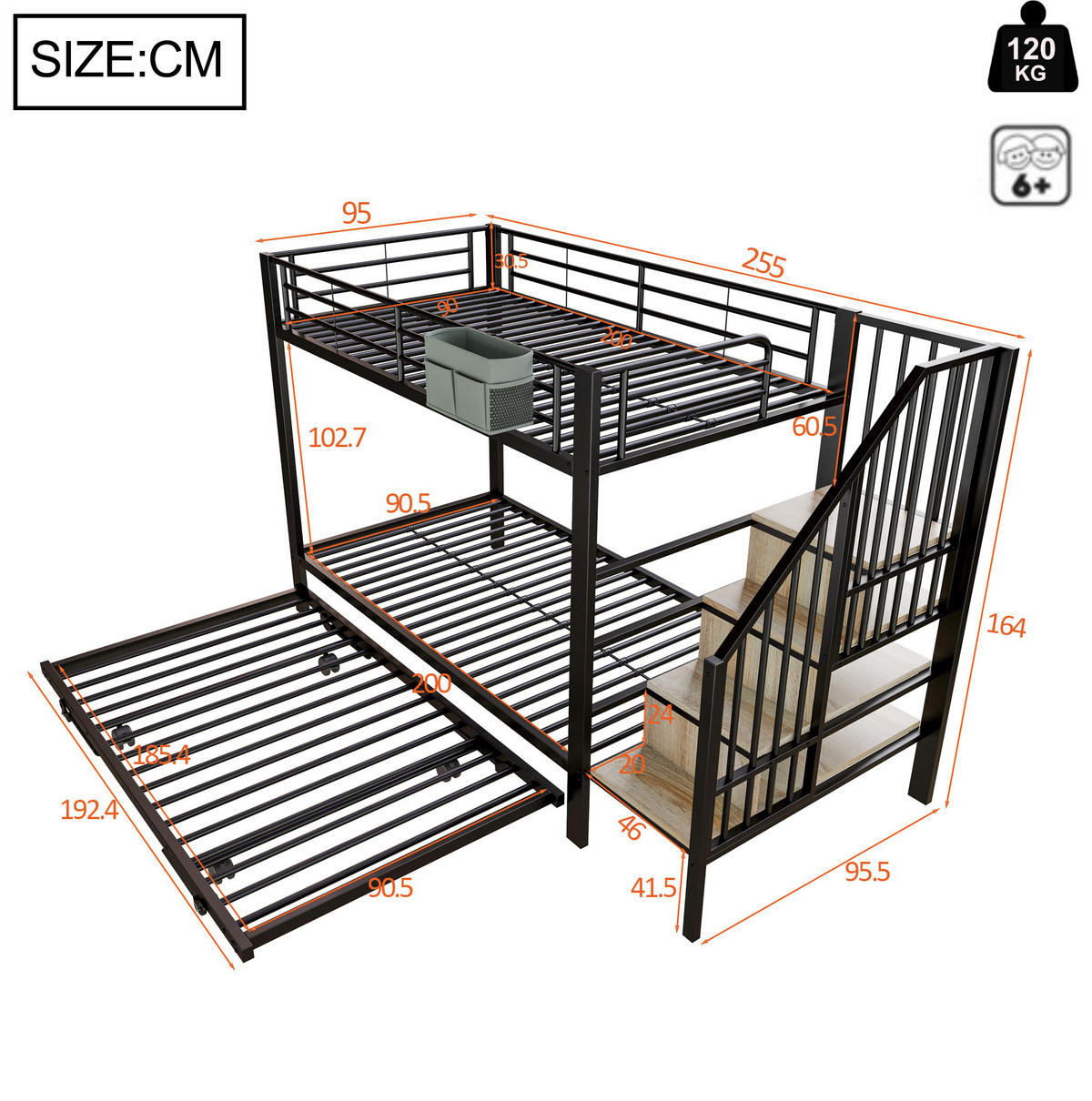 ETAGENBETT 90/200 cm mit Ausziehbett, Stauraumtreppe und Stofftasche, Metall, Schwarz - Schwarz, Metall (90/200cm) - Redom
