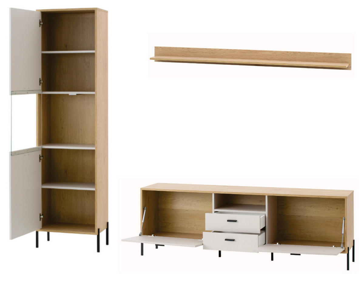WOHNWAND Kaschmir, Eiche 259 cm 3-teilig, Wohnkombination mit Soft-Close - Kaschmir/Eichefarben, Glas/Holzwerkstoff (259/204/40cm) - Furn.Design