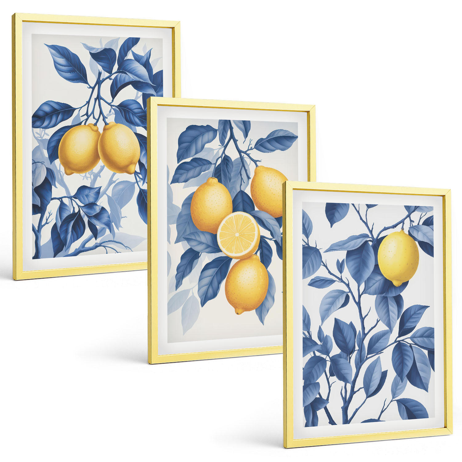 BILDER SET 3er Set - 40x60 cm Goldrahmen - Zitronenzweige mit blauen Blättern - Goldfarben, Kunststoff (40/60cm) - TULUP