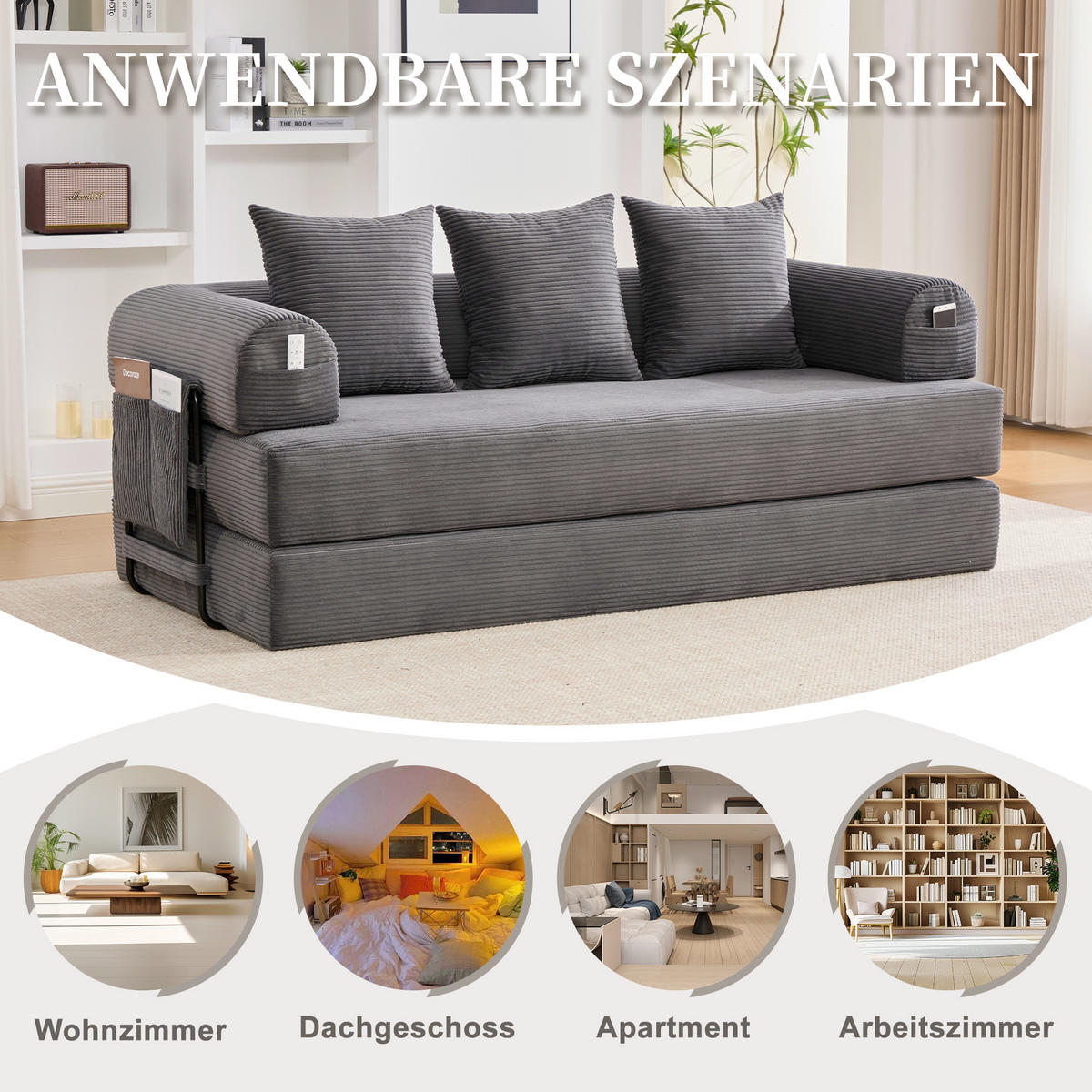 SCHLAFSOFA 200/94/67 cm Dunkelgrau mit Seitentaschen plus und 3 Kissen - Dunkelgrau, Textil (200/67/94cm) - Oxeza