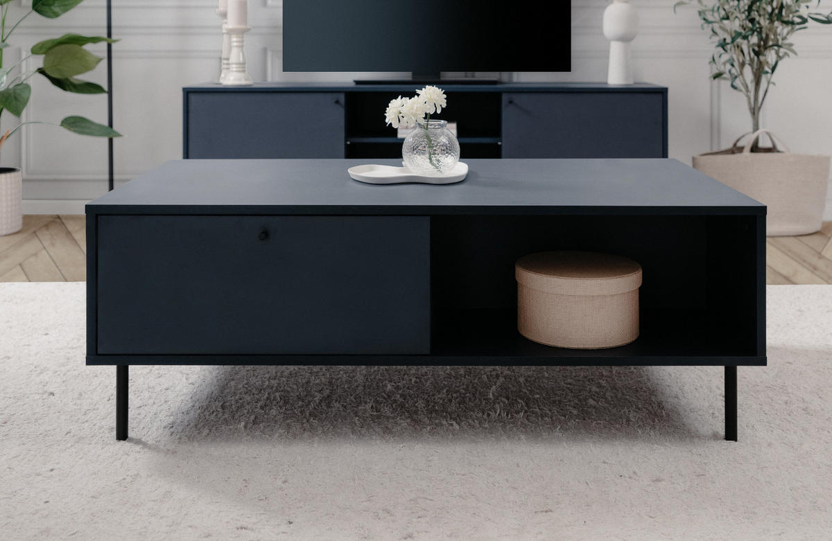 COUCHTISCH blau 110 cm, Wohnzimmertisch mit Stauraum - Blau/Schwarz, Holzwerkstoff/Metall (110/60/40cm) - Furn.Design