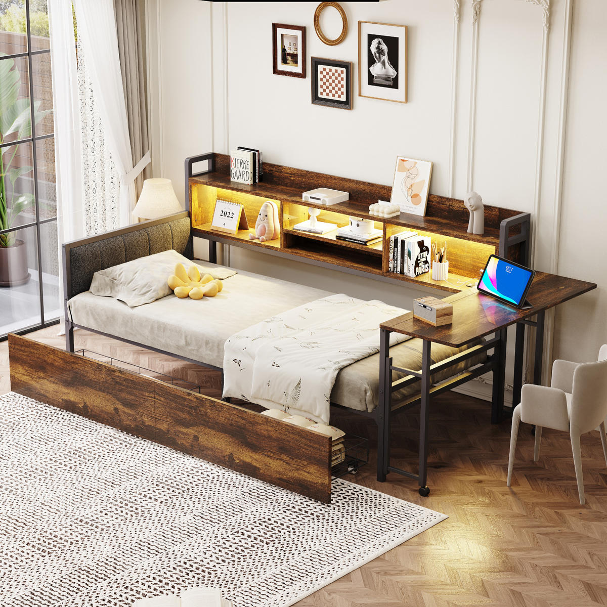 KINDERBETT 90/200 cm DE-01456, in Holzfarbe, mit LED, Schreibtisch und Steckdose - Naturfarben, Metall (90/200cm) - ComfortXL