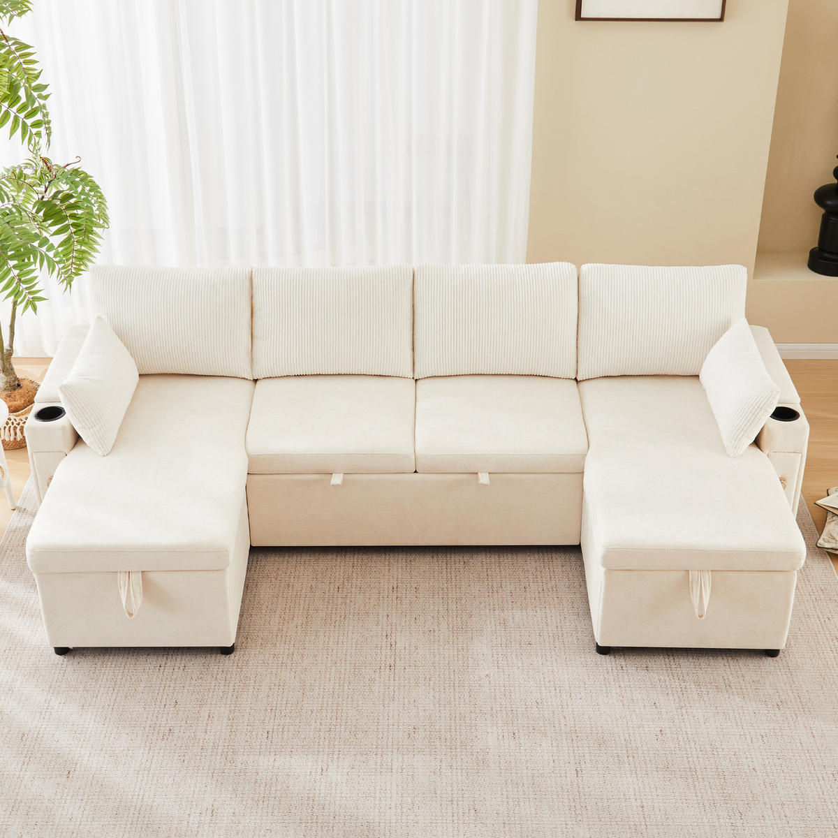 SCHLAFSOFA aus Chenille & Cord 272x131x84 cm in Beige mit Stauraum - Beige, Textil (272/84/131cm) - Modfu