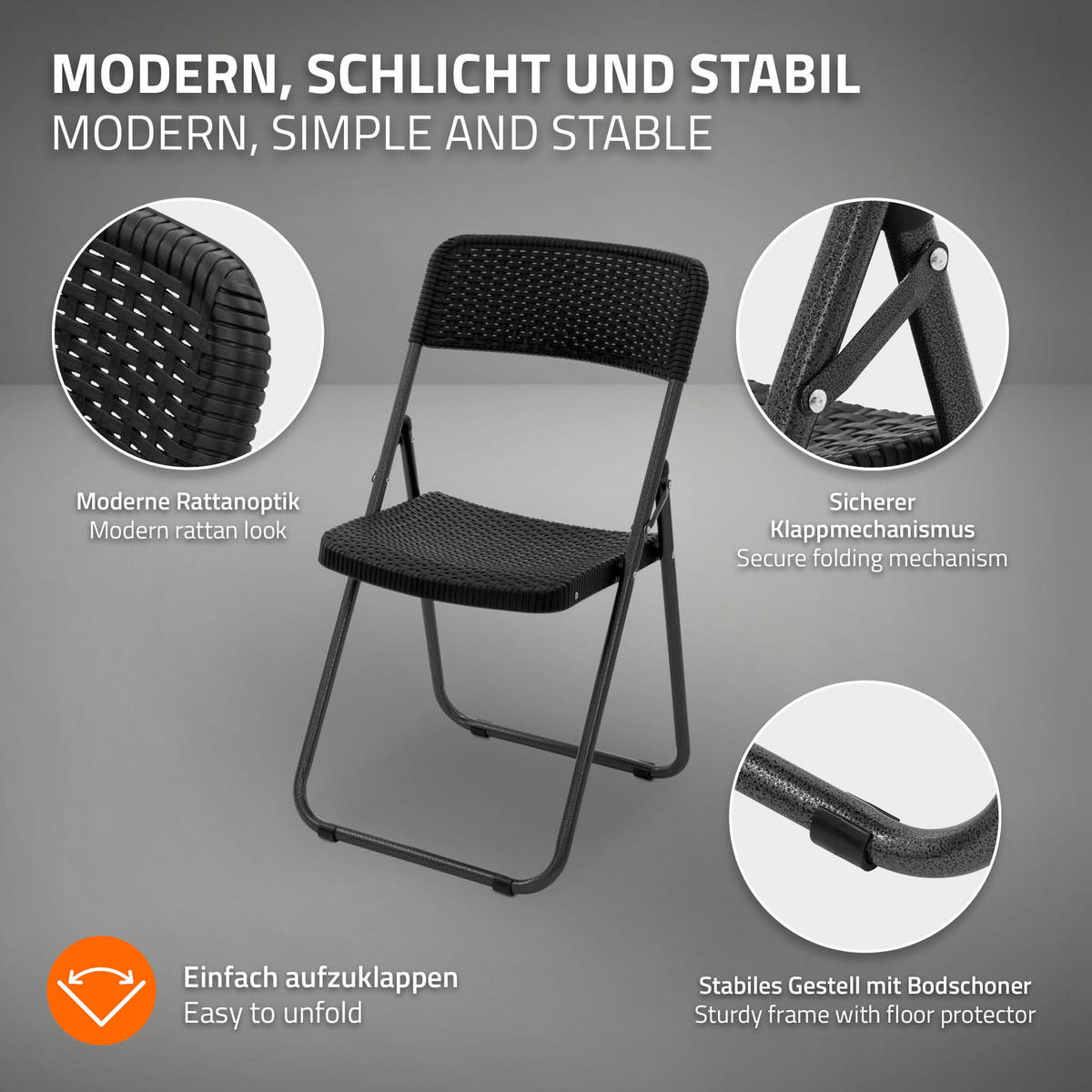 KLAPPSTUHL 4er Set Rattan-Optik Schwarz Kunststoff Metall - Dunkelgrau, Metall (51/82/46cm) - ECD-Germany