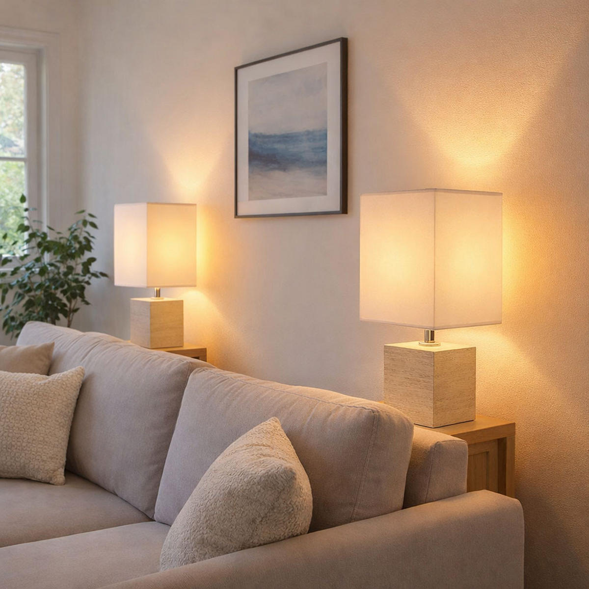 TISCHLEUCHTE Keramik Beige Weiß GERI 2er Set - Weiß, Textil (13/11/29cm) - Globo Lighting