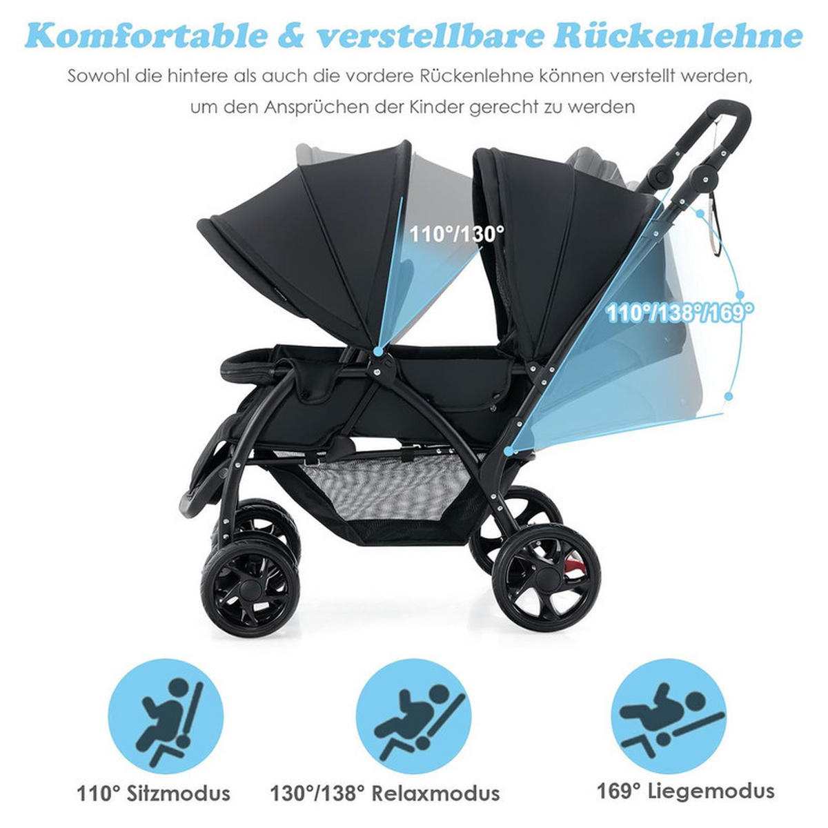 GESCHWISTERWAGEN klappbar schwarz - Schwarz, Metall (57/123/95cm) - COSTWAY