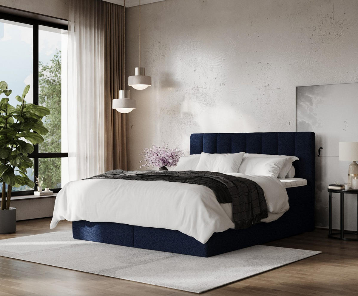 BOXBETT Lusso 140/200 cm Marineblau im Riva Stoff - Schwarz/Dunkelblau, Holz/Holzwerkstoff (140/200cm) - AltaBeds