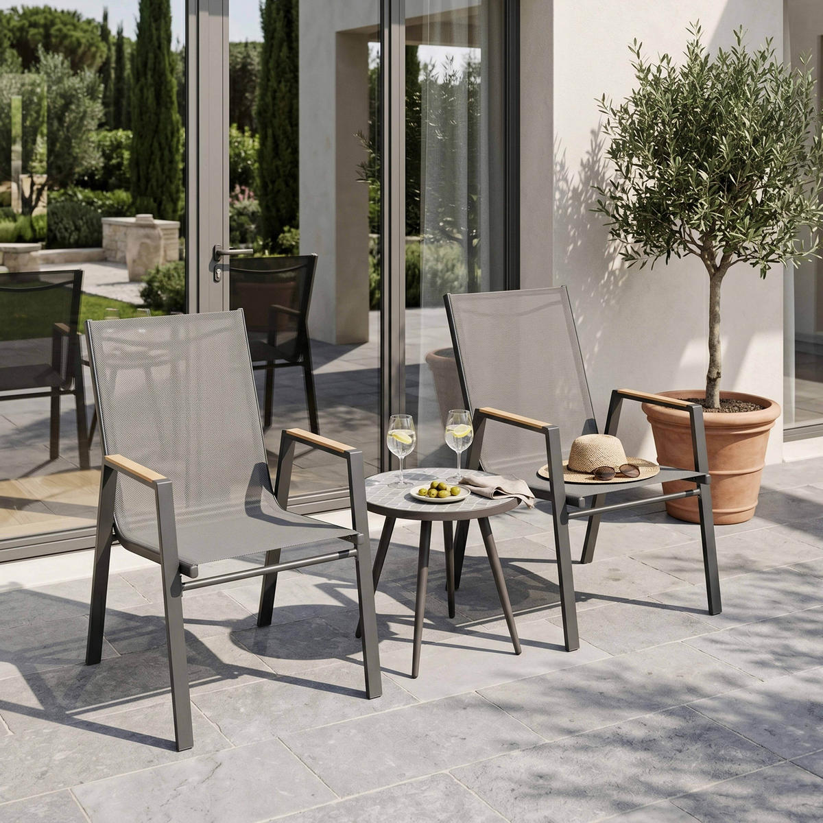 GARTENSTÜHLE 2-tlg., Grau - Grau, Textil (66/94/56cm) - Oviala