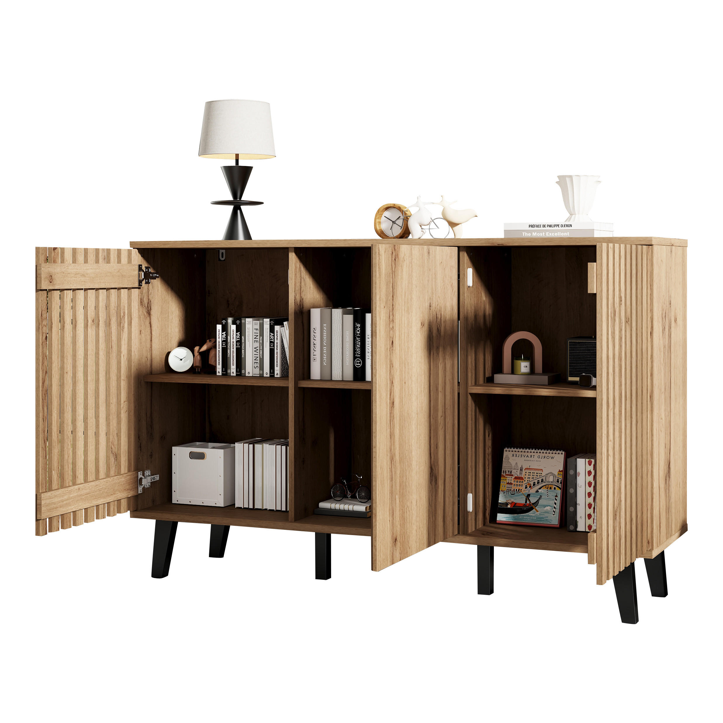 SIDEBOARD Aufbewahrungsschrank 150/40/95 cm Holzoptik mit 6 Fächern Hybridtüren Naturfarben MDF 40 kg Tragkraft - Schwarz/Naturfarben, Holzwerkstoff/Kunststoff (150/95/40cm) - EVRYAE