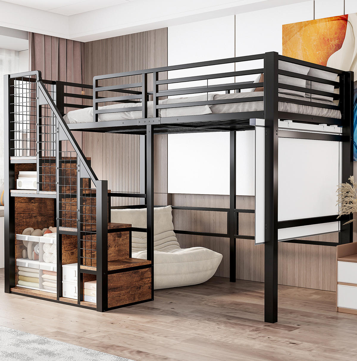 VYSOKÁ posteľ 90/200 cm čierna z kovu a MDF s úložným priestorom a schodíkmi - čierna, kompozitné drevo (90/200cm) - OKWISH