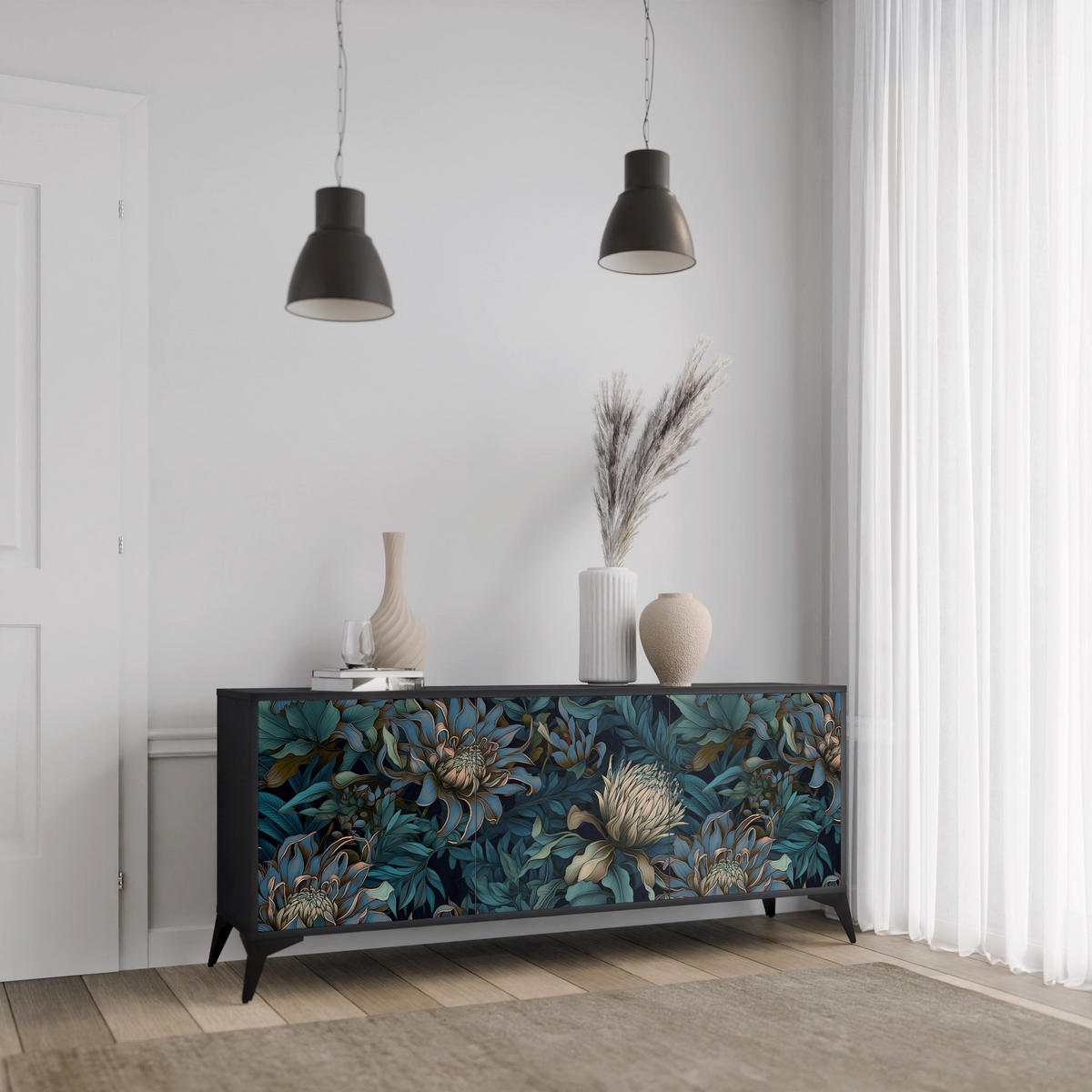 SIDEBOARD TWILIGHT BLOOM, Eicheneffekt, 164,5x42x77,5 cm, 3 Türen - Eichefarben/Buchefarben, Holzwerkstoff/Buchenholz (164.5/77.5/42cm) - SpaceRebels