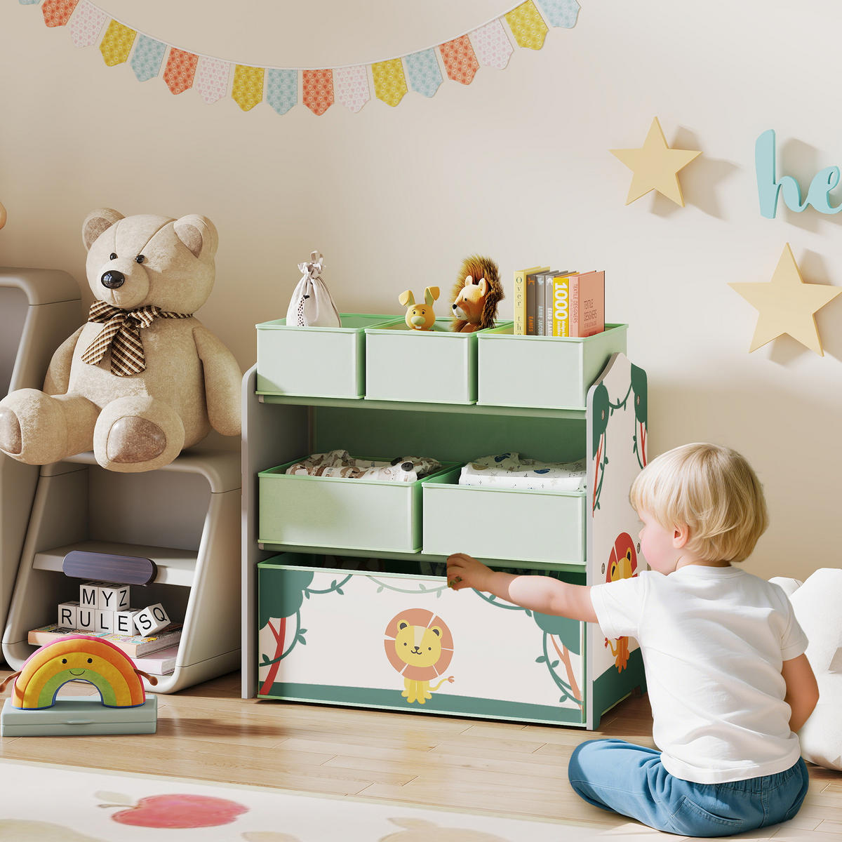 KINDERREGAL DE-17258 3 Ebenen & 6 herausnehmbare Stoffboxen Grün - Grün, Holzwerkstoff (63/66/30cm) - ComfortXL
