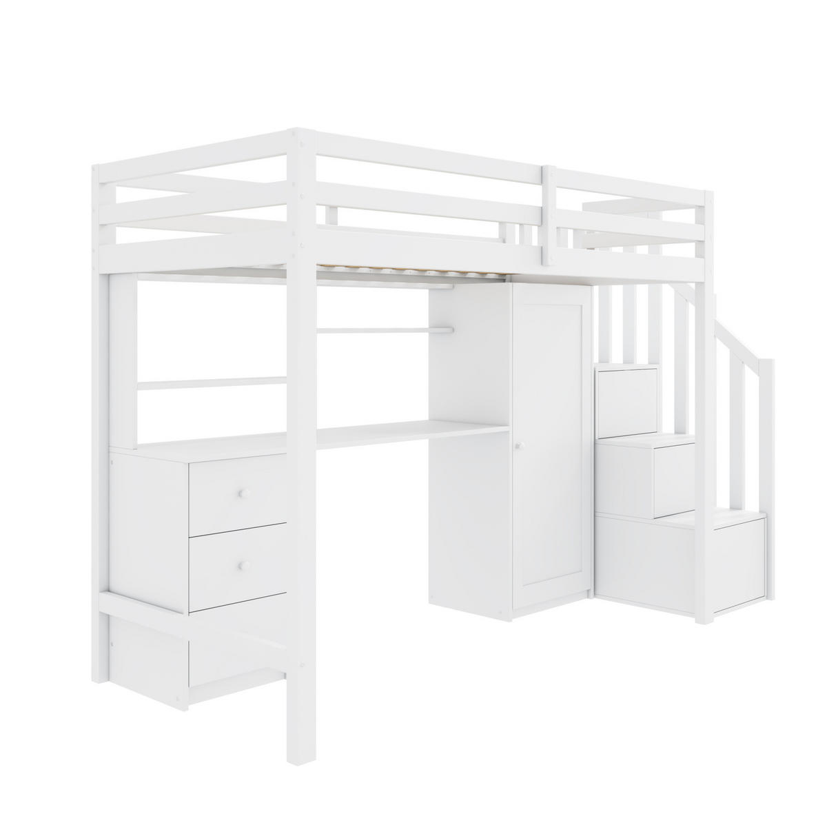 ETAGENBETT 90/200 cm aus Massivholz mit Schreibtisch, Kleiderschrank, Treppe und Schubladen, Weiß - Weiß, Holz (90/200cm) - Redom