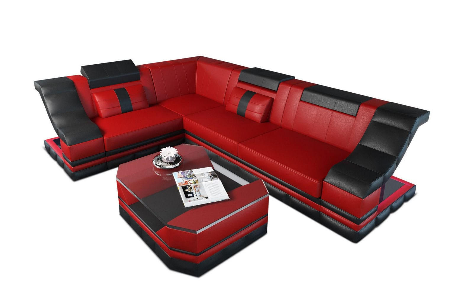 COUCH Bianchi Rot Schwarz Büffelleder - Rot, Leder (271/196cm)