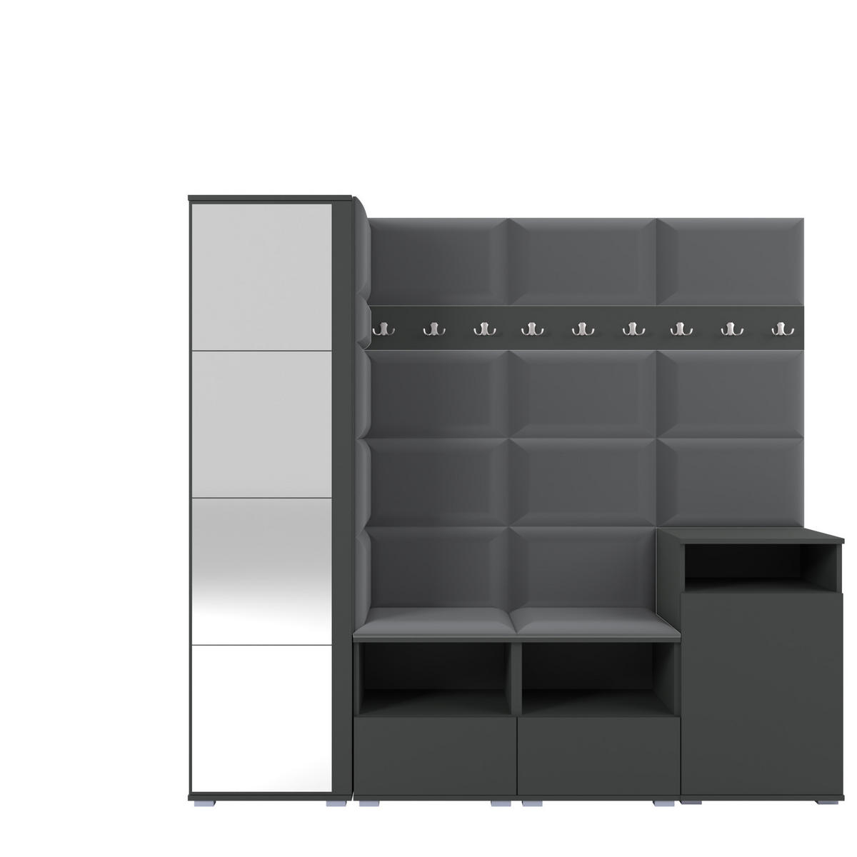 GARDEROBE NELA X 200 cm (Modulare Flurmöbel Graphit mit Spiegel & Sitzpolster Dunkelgrau 15 Schrank + Sideboard) - Dunkelgrau/Silberfarben, Holz/Holzwerkstoff (200/187/40cm) - Ravio