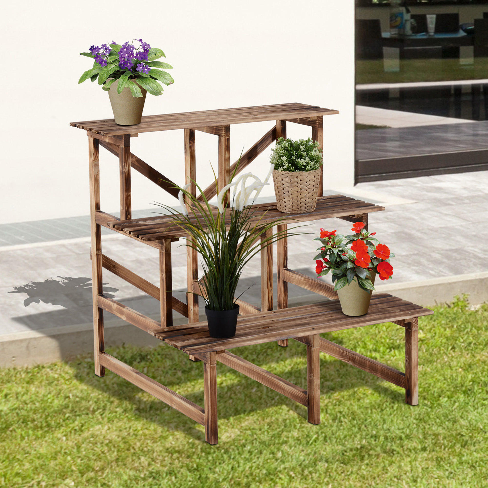 PFLANZENTREPPE Blumentreppe Blumenregal Pflanzregal, 3 Stufen, Tannenholz, Verkohlt - Dunkelbraun, Holz (80/78/80cm) - Outsunny