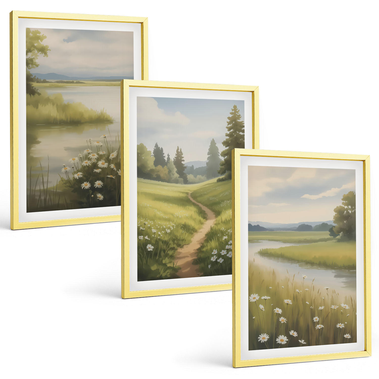 BILDER SET 3er Set - 40x60 cm Goldrahmen - Frühlingslandschaft Flusswiese - Goldfarben, Kunststoff (40/60cm) - TULUP
