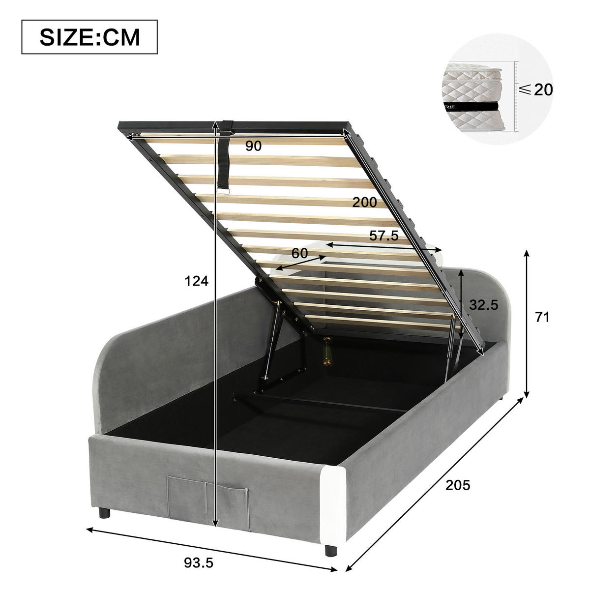 POLSTERBETT 90x200 cm Stauraum hydraulisch Set - Weiß, Textil (90/200cm) - LEBENLANG