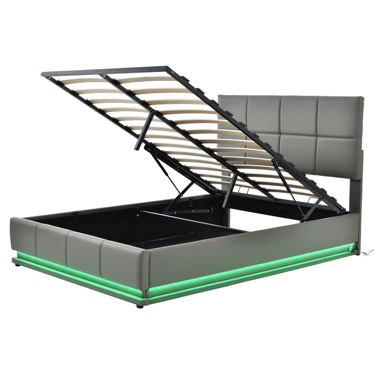 POLSTERBETT 140/200 cm grau mit LED-Beleuchtung und hydraulischem Bettkasten - Grau, Textil (140/200cm) - OKWISH