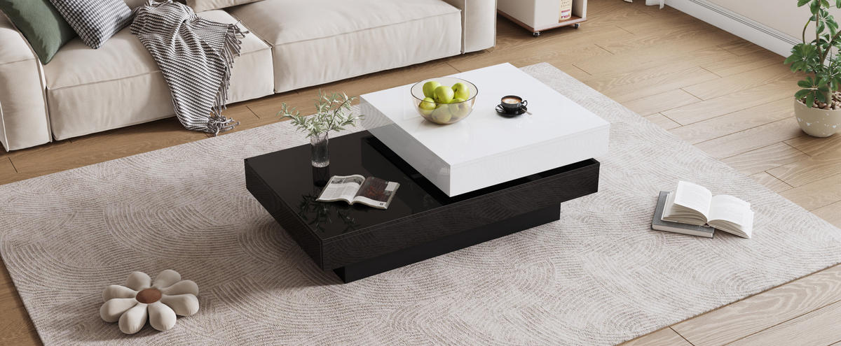 COUCHTISCH aus Spanplatte 103x60x35,5 cm Weiß/Schwarz mit drehbarer Tischplatte, 2 Ebenen und Hochglanzoberfläche - Schwarz Hochglanz, Holzwerkstoff (60/103/35.5cm) - Modfu