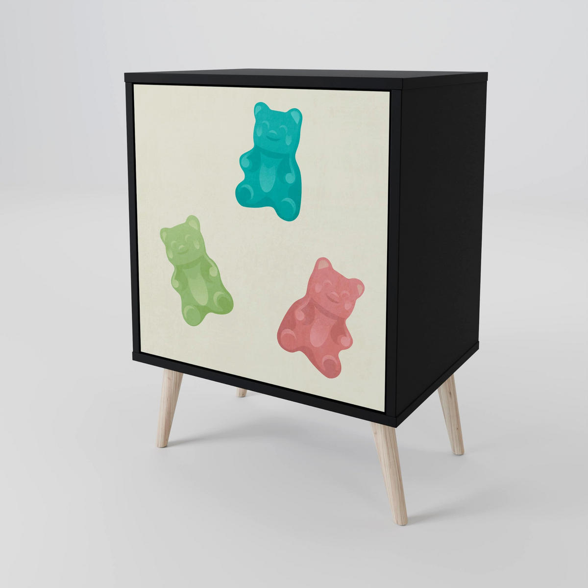 SIDEBOARD GUMMY BEARS, Schwarz, 57,5x42x75,5 cm, Goldfarbene Metallfüße - Goldfarben/Multicolor, Holzwerkstoff/Metall (57.5/75.5/42cm) - SpaceRebels