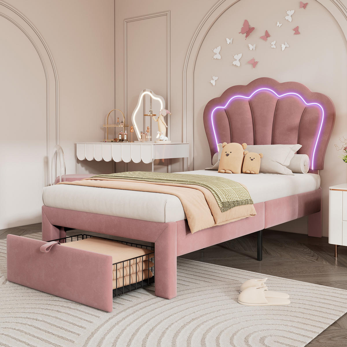 POLSTERBETT 90/200 cm Rosa mit LED-Beleuchtung und Schublade - Rosa, Textil (90/200cm) - OKWISH