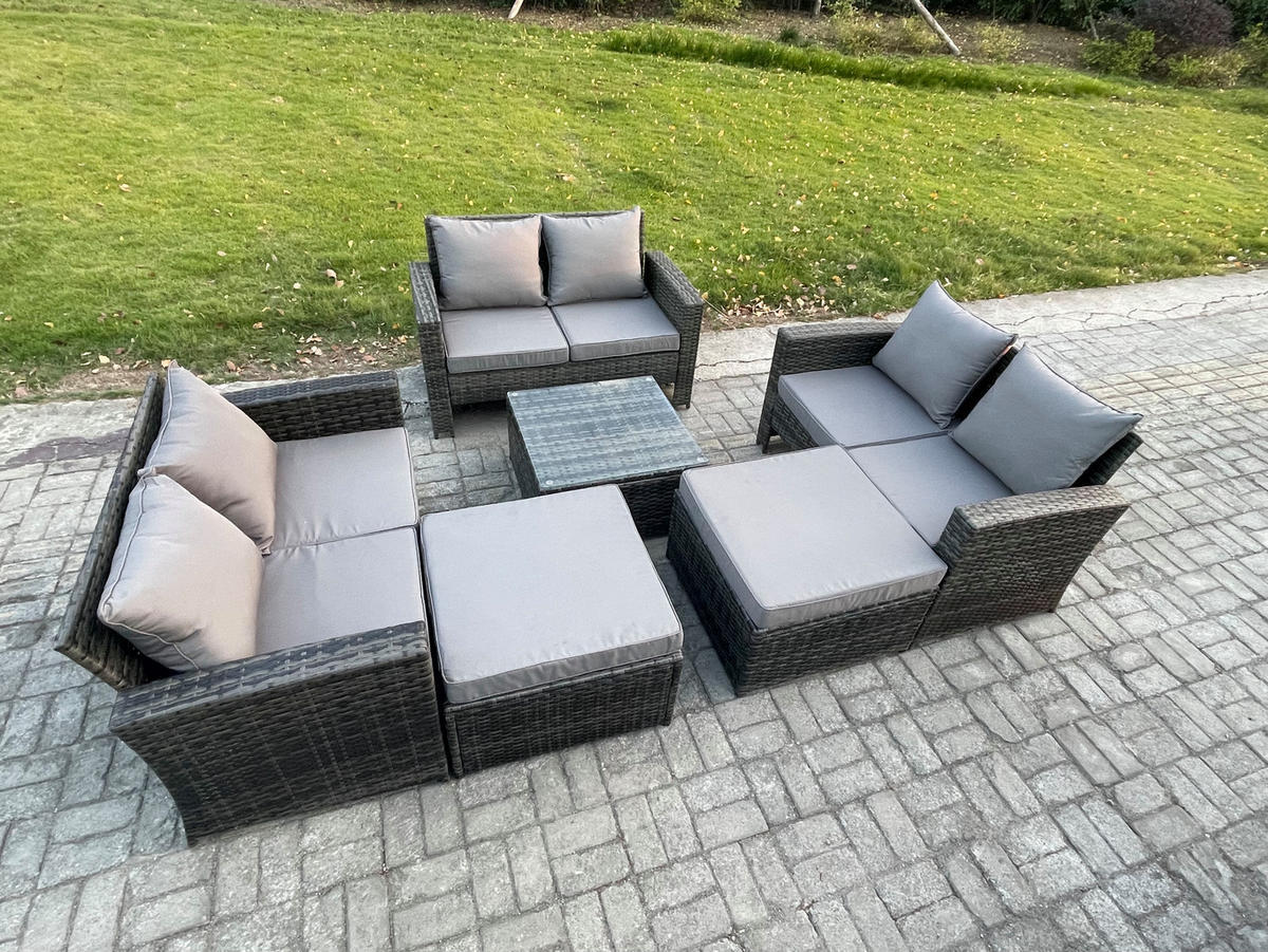 GARTENMÖBEL-SET COUCHTISCH SET MIT 2 HOCKER Polyrattan Dunkelgrau Gemischt 8-Sitzer - Dunkelgrau, Metall - Fimous