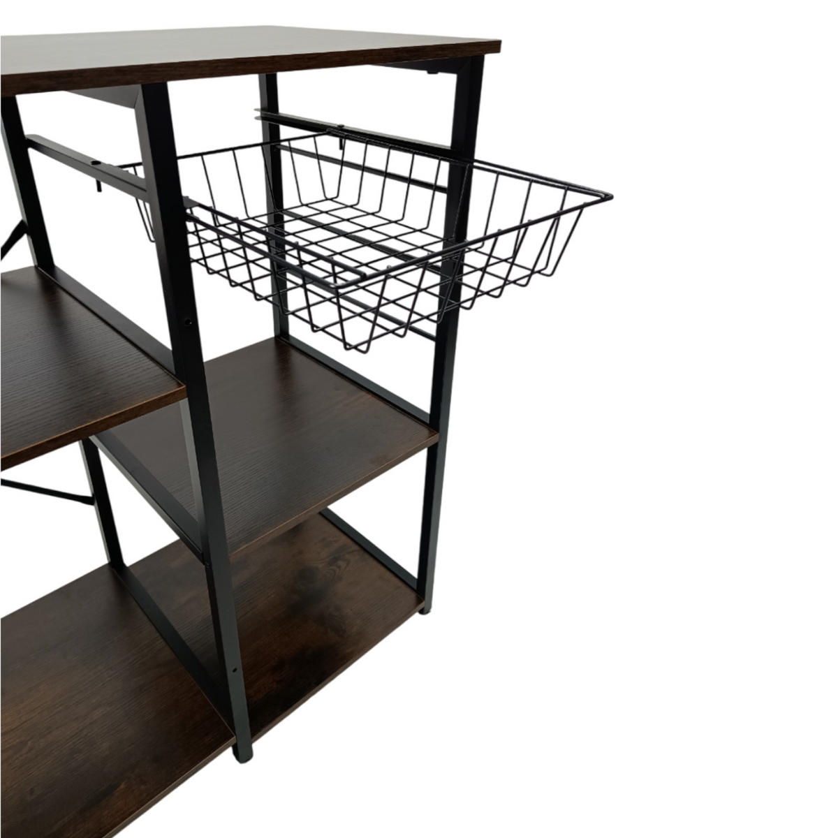 KÜCHENREGAL Holzoptik Metall Dunkelbraun Schwarz mit Haken & Korb 90x40x84 cm - Dunkelbraun/Schwarz, Holzwerkstoff/Metall (90/84/40cm) - Begryf