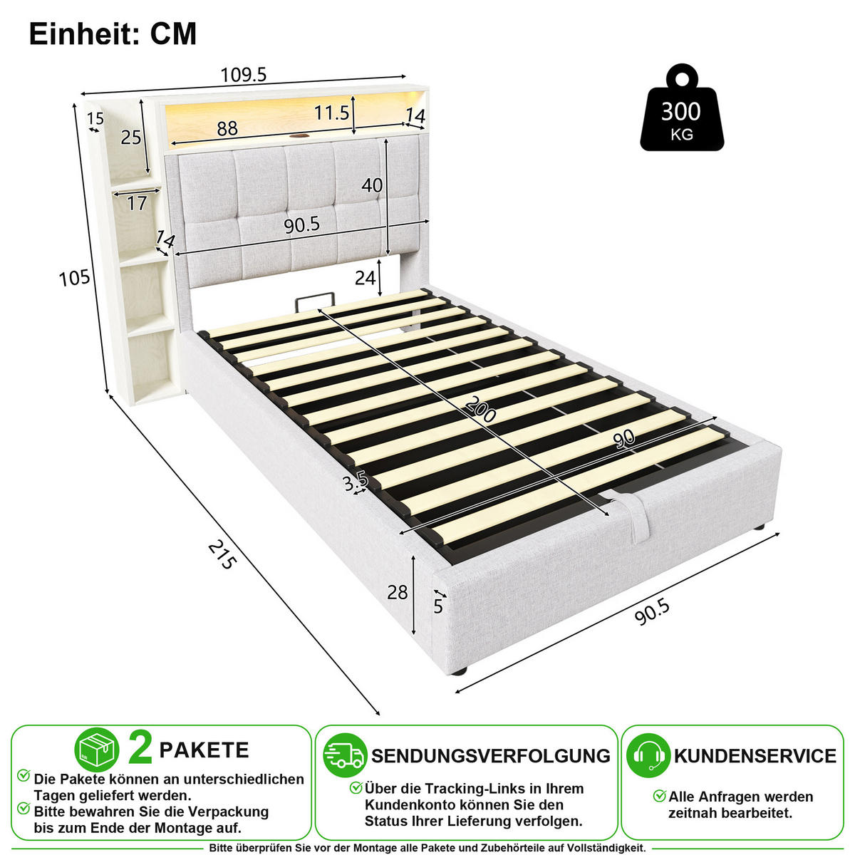 ČALOUNĚNÁ POSTEL 90/200 cm v béžové barvě s úložným prostorem, LED a USB-C - béžová, kov/kompozitní dřevo (90/200cm) - CHICFURN