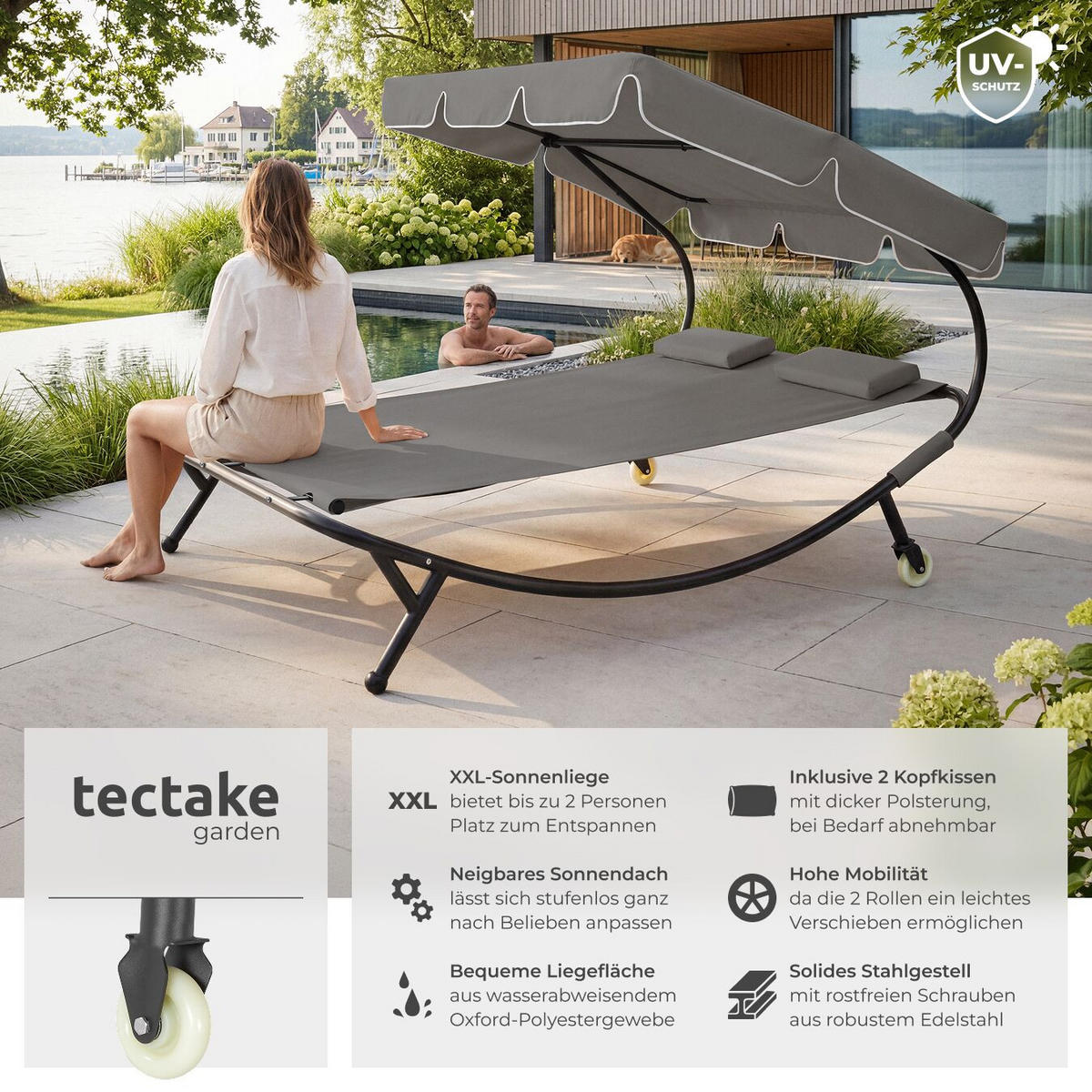 GARTENLIEGE Livorno, 215 x 183 x 150 cm, schwarz/grau - Schwarz/Grau, Kunststoff (185/175/195cm) - tectake