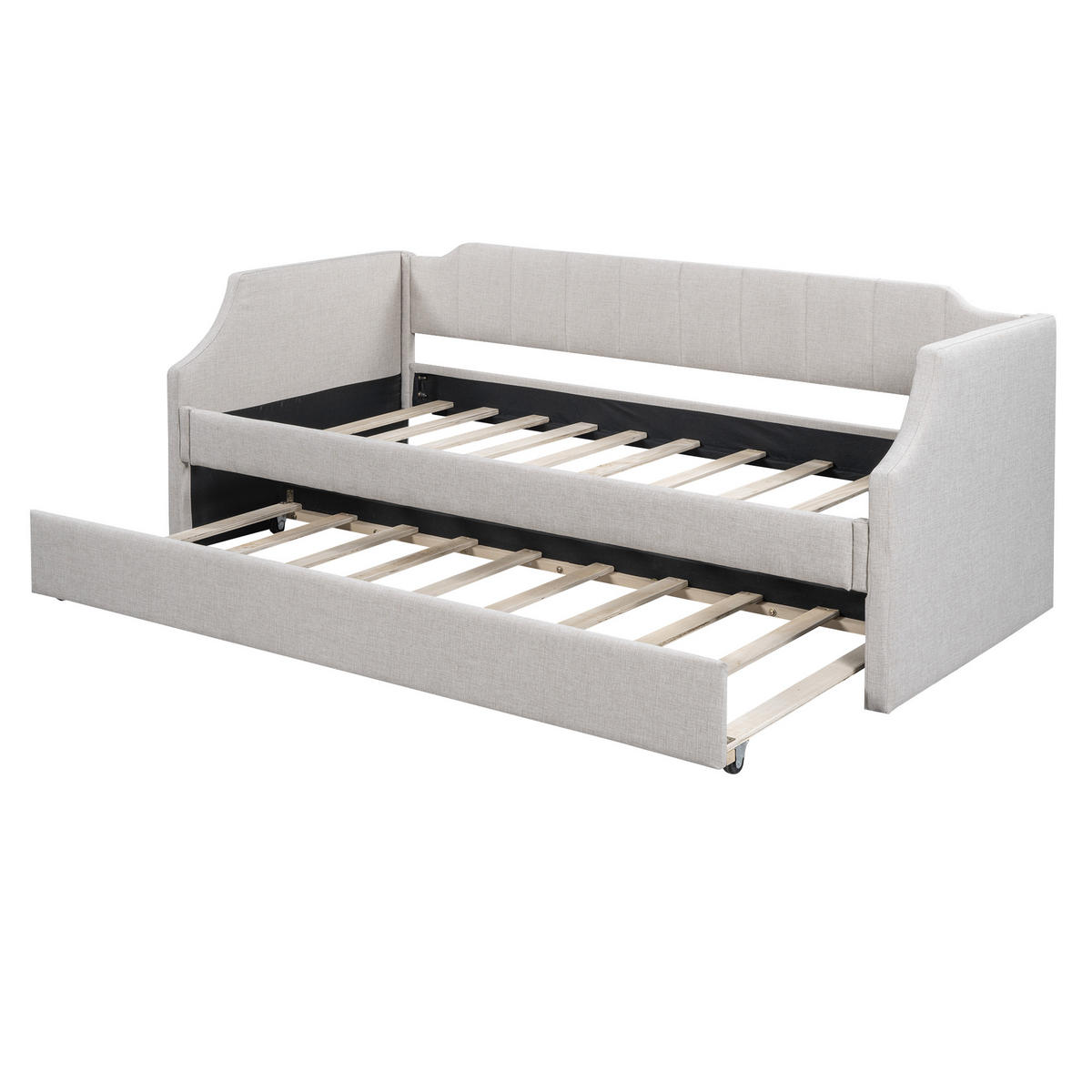 TAGESBETT 90x200cm Beige Gepolstert Einzelbett mit Rollbett Klappbar - Beige, Holz (90/200cm) - FLIEKS