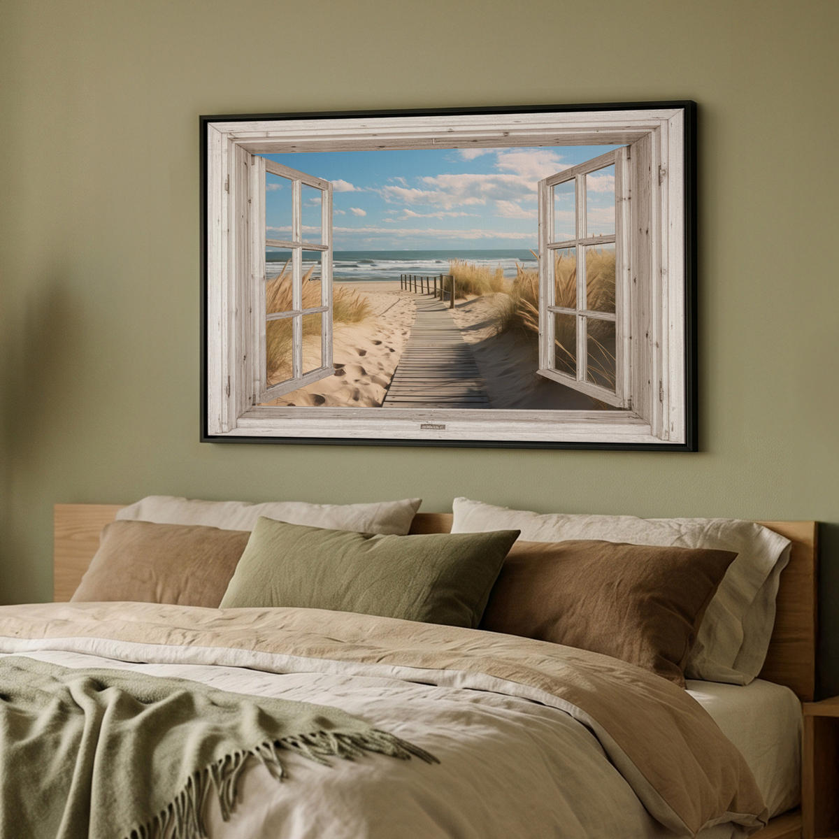 LEINWAND Bilder mit Rahmen - Fenster - Meer - Küste - Natur - Ausblick - Strand - Wattenmeer - 90x60 - Beige, Textil (90/60cm) - MuchoWow