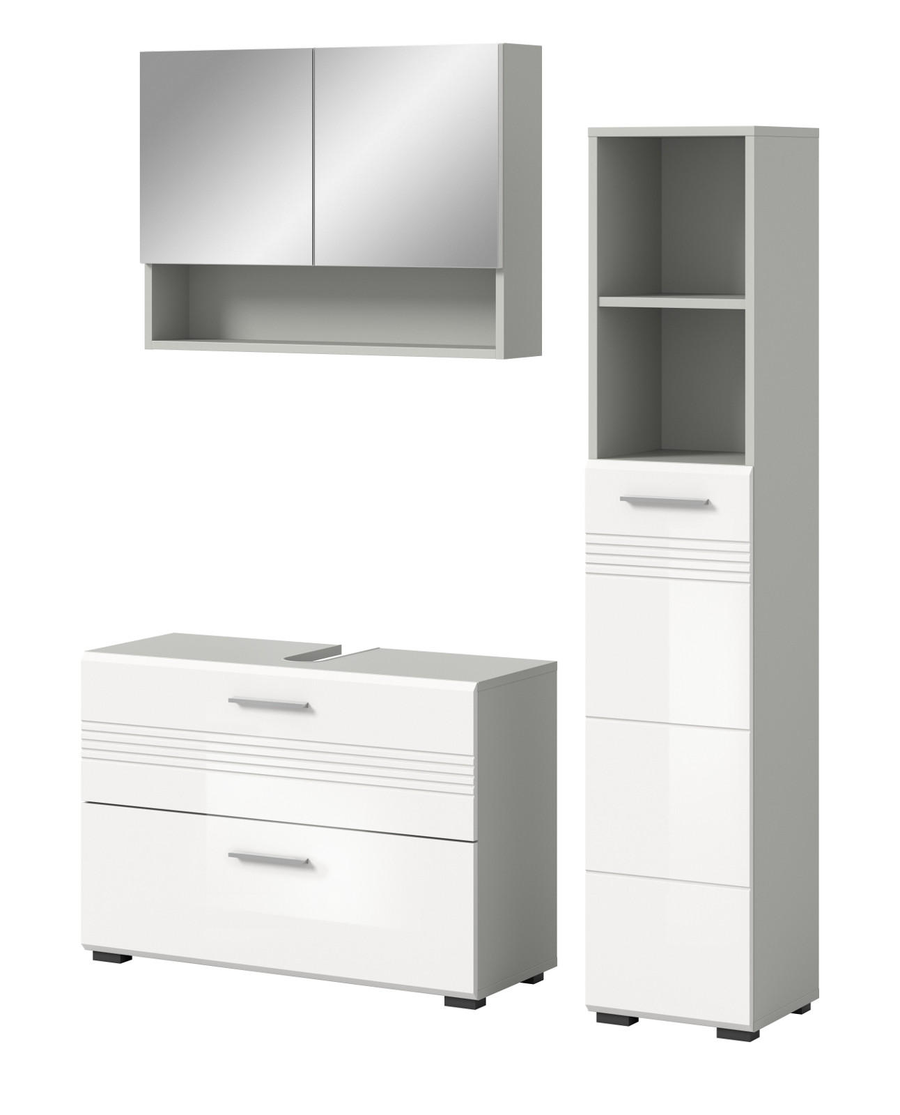 BADMÖBEL-SET 3-teilig weiß Hochglanz, grau 125 cm, Komplettset mit Soft-Close - Weiß Hochglanz/Grau, Glas/Holzwerkstoff (125/190/32cm) - Inn.Furn