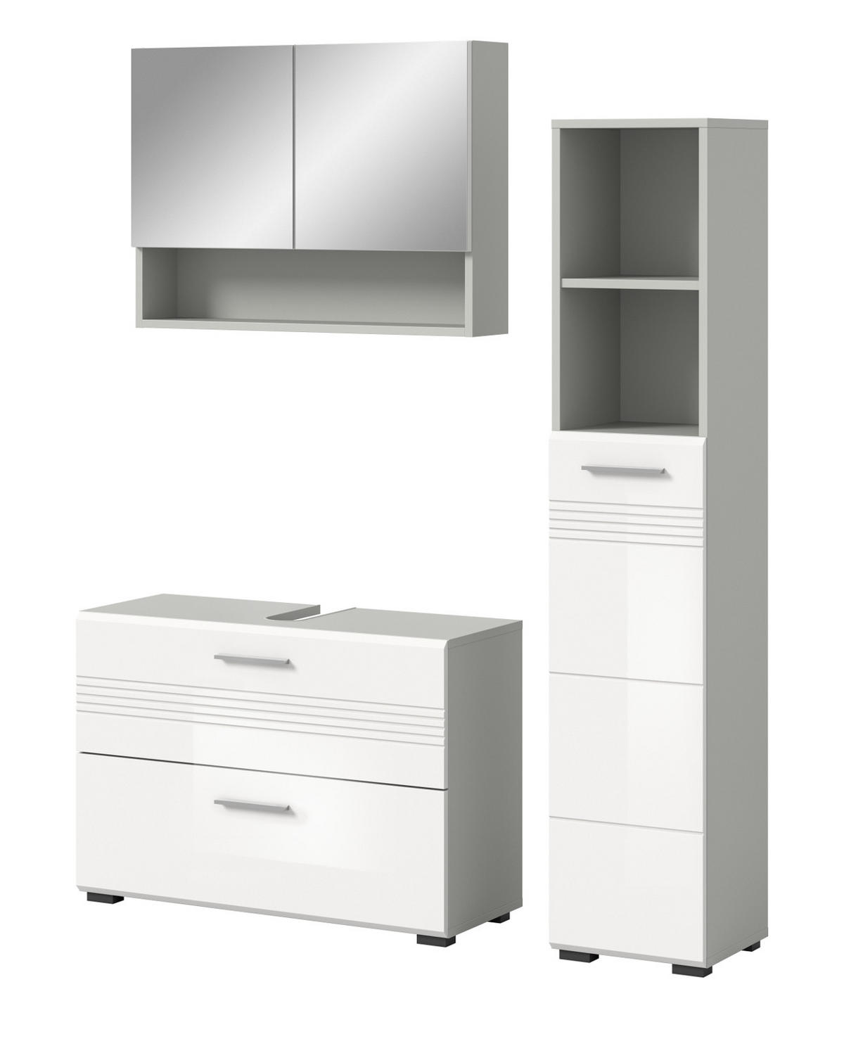 BADMÖBEL-SET 3-teilig weiß Hochglanz, grau 125 cm, Komplettset mit Soft-Close - Weiß Hochglanz/Grau, Glas/Holzwerkstoff (125/190/32cm) - Inn.Furn