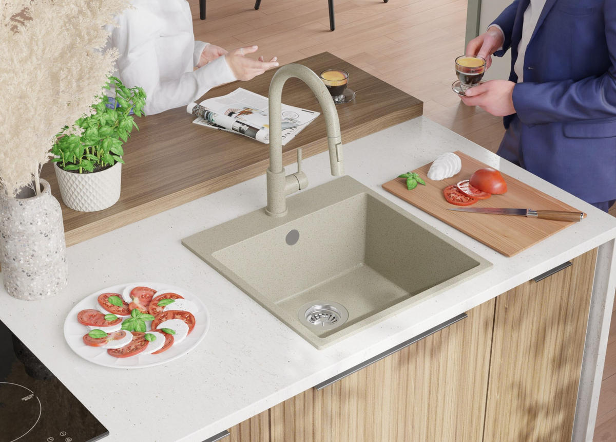 GRANITSPÜLE Riga, 2-er set Beige 48/50 cm 1 Becken + Küchenarmatur 32/20 cm + Ablauf-Set ab 50er Unterschrank - Beige, Kunststoff (48/20/50cm) - Primagran