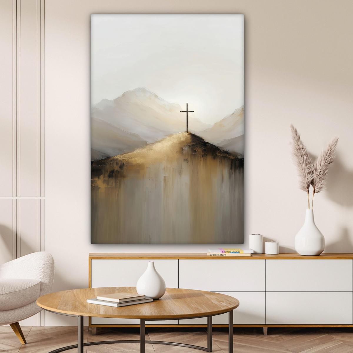 LEINWANDBILD Hügel - Abstrakt - Kreuz - Christentum Deko XXL 80x120 cm - Beige, Textil (80/120cm) - MuchoWow