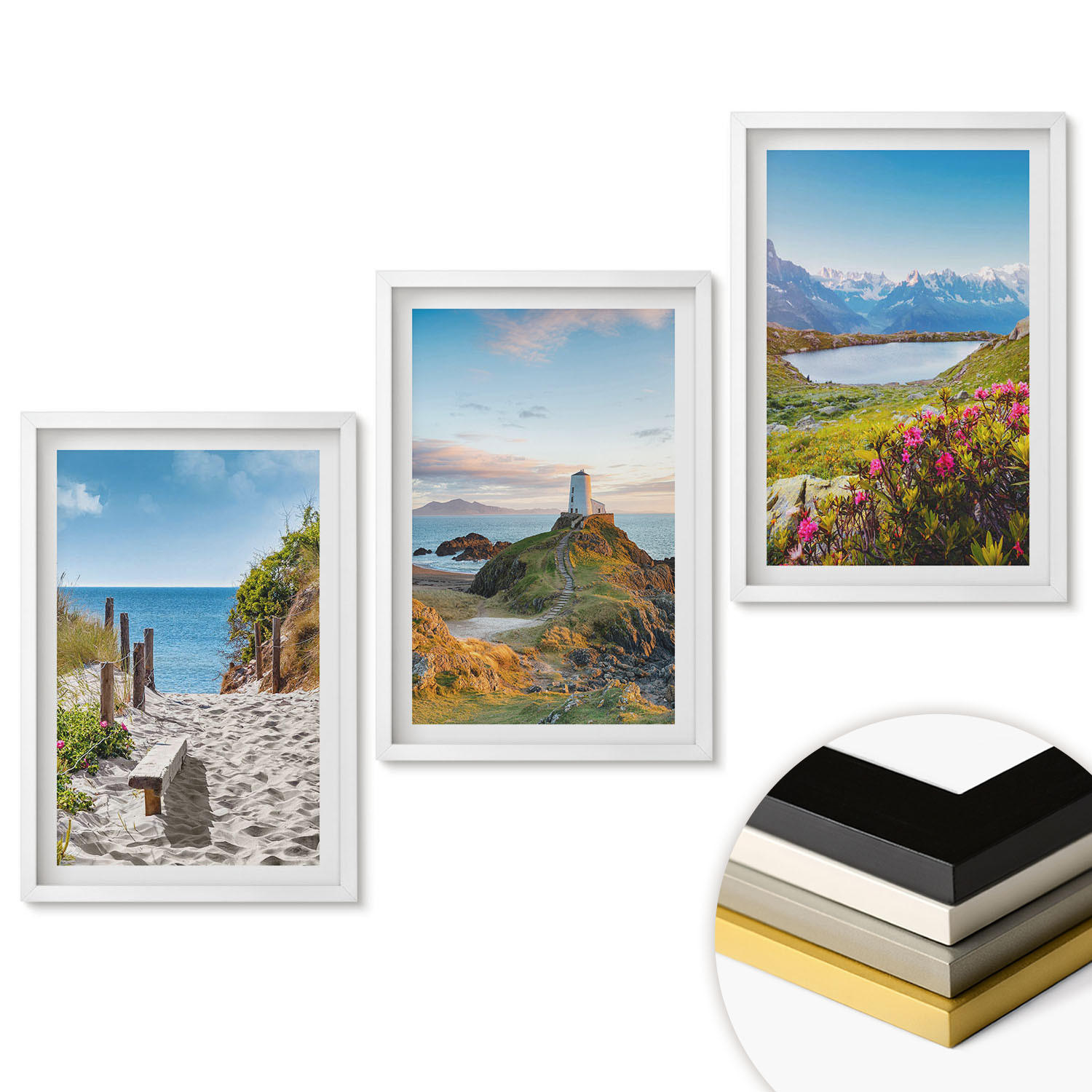 WANDBILDER 3er-Set - 40x60 cm Weißer Rahmen - Strand, Leuchtturm, Berge, Blumen - Weiß, Kunststoff (40/60cm) - ArtPrintCave