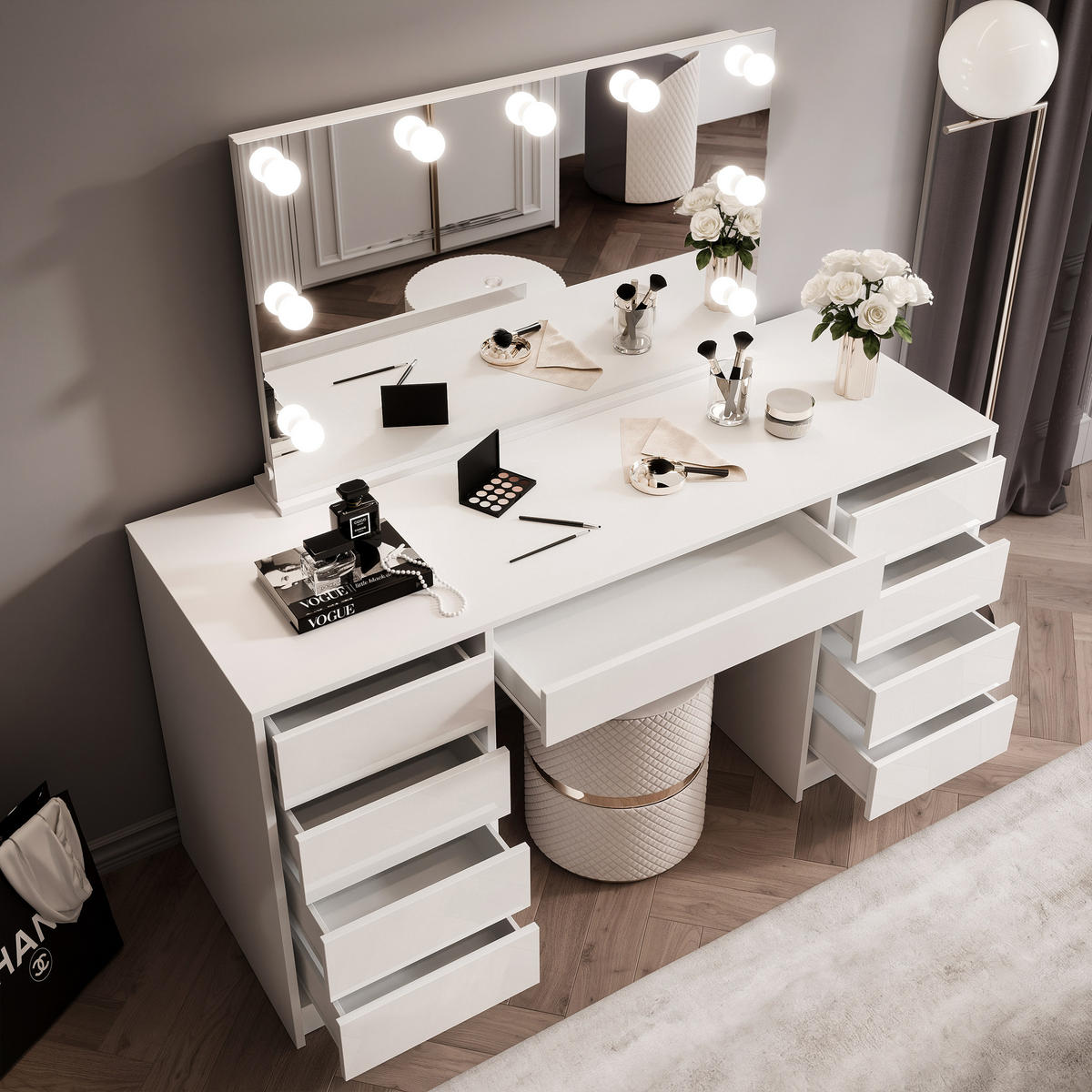 SCHMINKTISCH BELLA DOPPIO 150/55/145 cm, mit LED-Spiegel, Weiß - Weiß, Holzwerkstoff (150/145/55cm) - Idohome