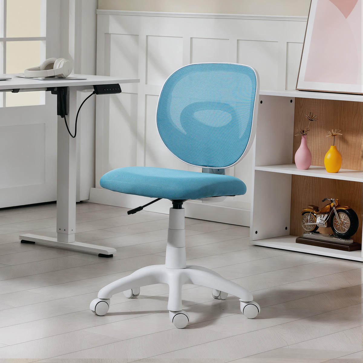 BÜROSTUHL Ergonomischer Schreibtischstuhl mit C-förmiger Rückenstütze, Blau - Blau/Weiß, Kunststoff/Textil (53/89/59.5cm) - HOMCOM