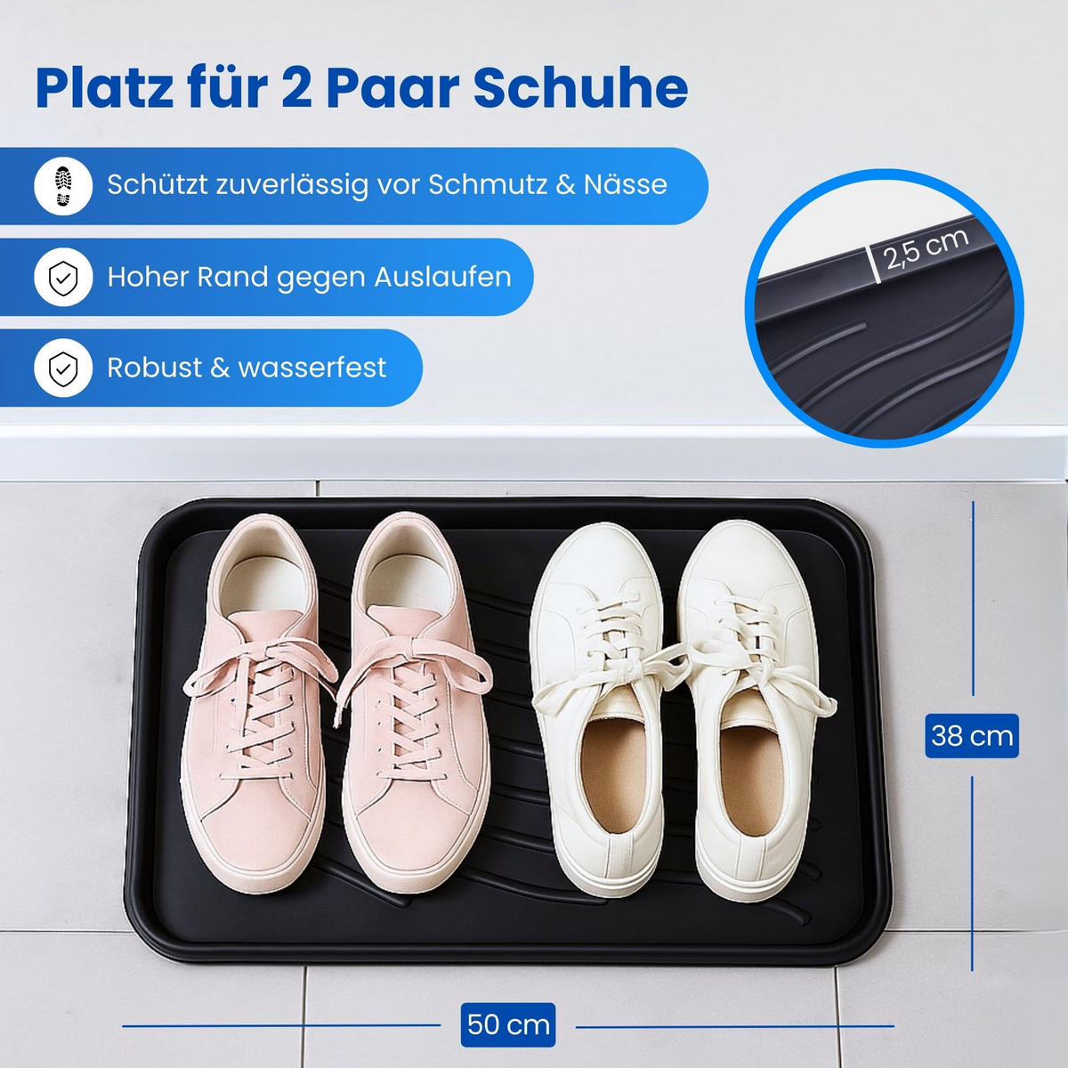 SCHUHABTROPFSCHALE mit hohem Rand (50x38x2,5cm) Schuhablage - wasserdichte Schuhwanne und Abtropfunterlage für Schuhe - Schwarz, Kunststoff (38/50cm) - Bestlivings