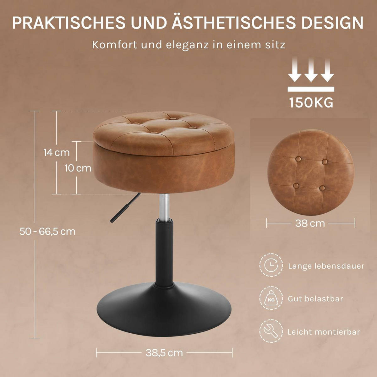 SITZHOCKER 2er Set, mit Stauraum, Kunstleder, Braun - Schwarz/Braun, Textil/Metall (38.5/50/38.5cm) - Woltu