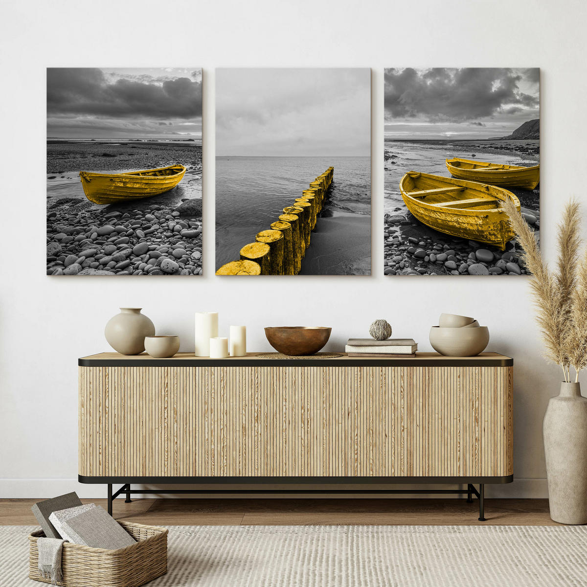 LEINWANDBILDER 3-es Set Boote Meer 3D - Gelb/Schwarz, Textil (90/40cm) - Muralo